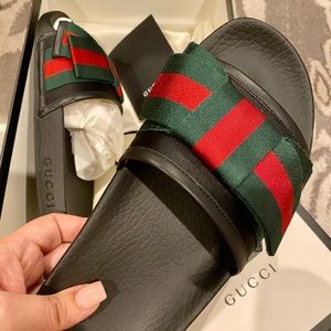 GUCCI Satin Web Bow Slide Sandals